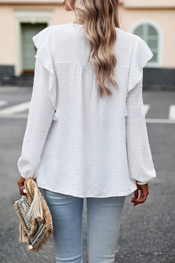 Textured Lace Fabric Ruffle Long Sleeve Blouse