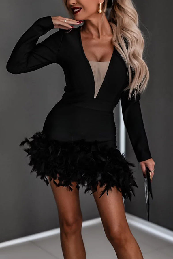 Make Your Entrance Feather Long Sleeve Asymmetric Party Mini Dress