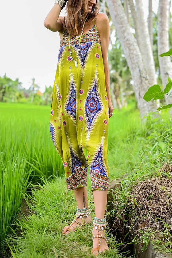 Free Spirit Boho Ethnic Print Loose Dungaree Jumpsuit