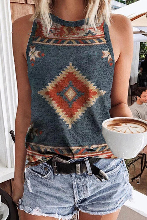 Kristina Ethnic Geometric Hippie Print Knit Tank Top