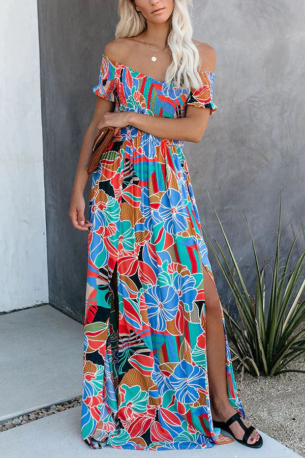 Put It In Print Smocked Slit Maxi Dress