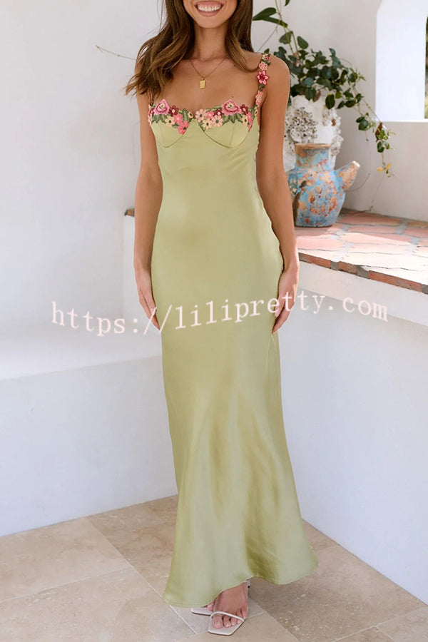 Endless Love Satin Embroidered Flower Trim Strap Maxi Dress