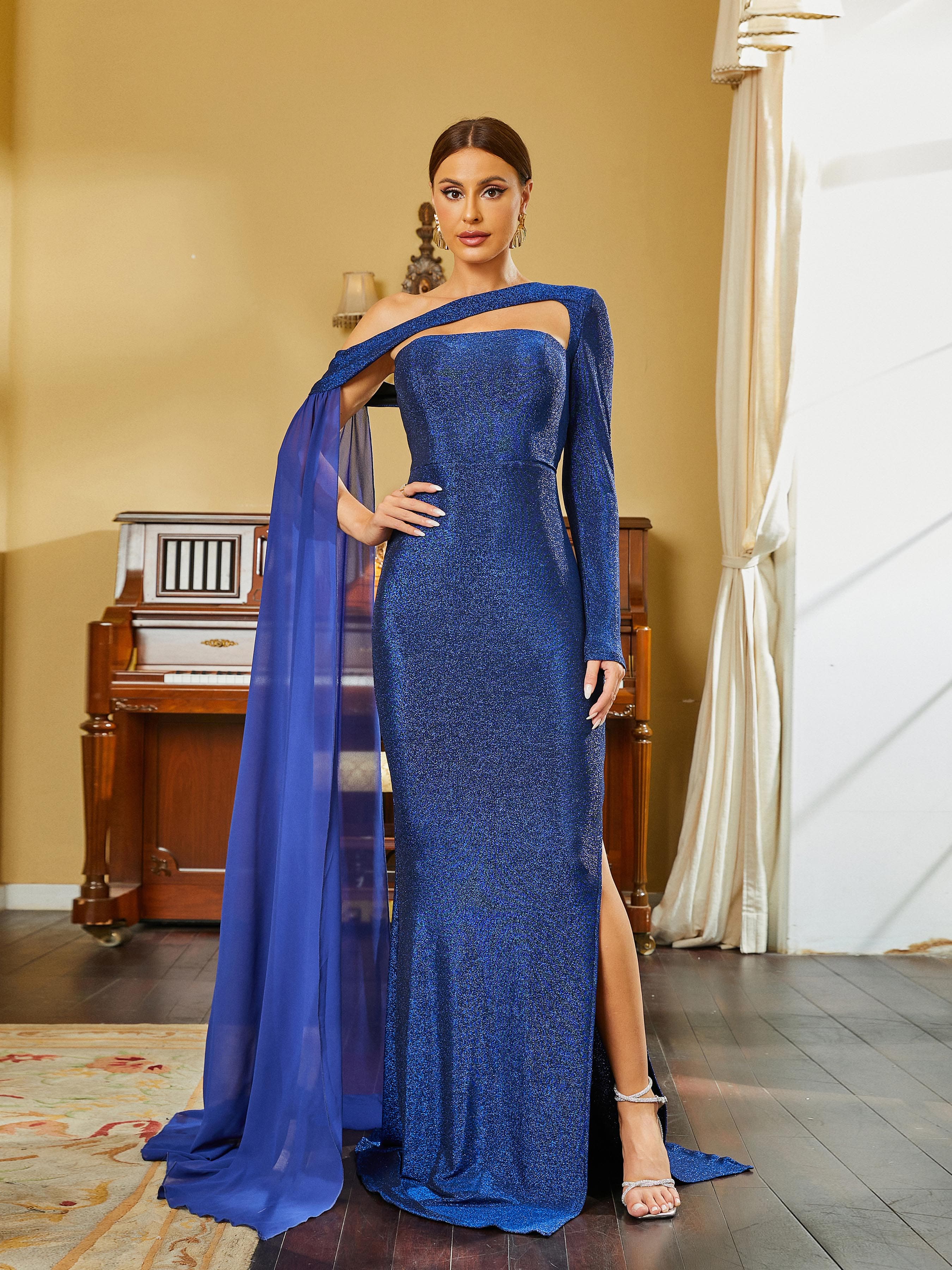 One Shoulder Long Sleeve Draped Blue Prom Dress RH30556