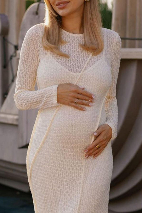 Knitted Crew Neck Long Sleeve High Waisted Maxi Dress