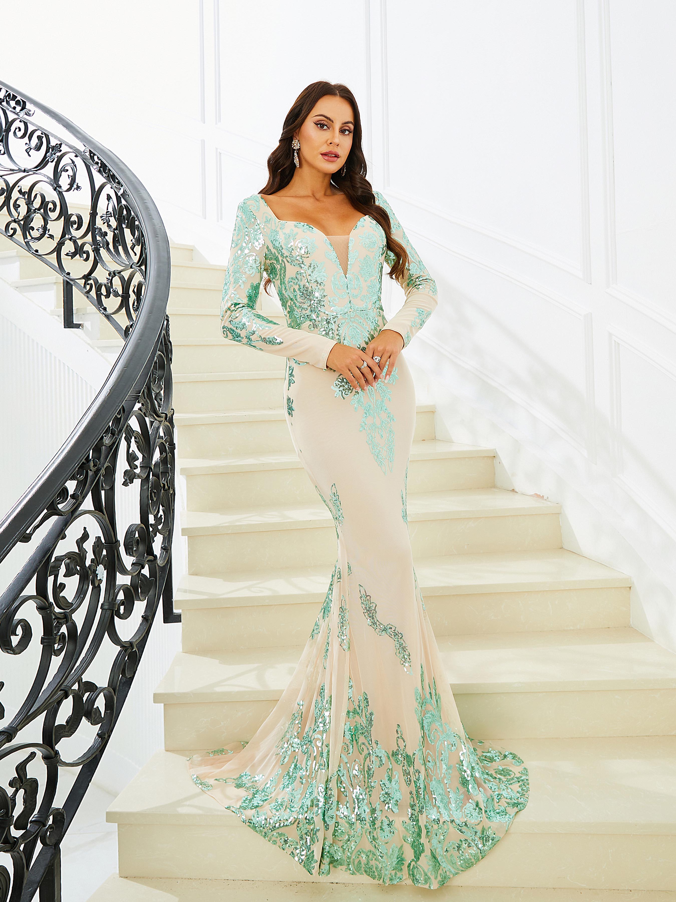 Formal Mermaid Backless Maxi Green Evening Dress M02326