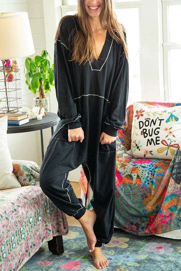 Home or Traveling Cotton Blend Long Sleeve Pocketed Loose Jumpsuit