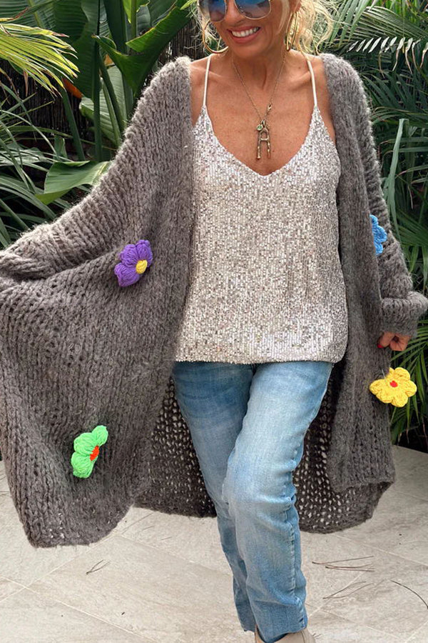 A Different Story Knit Hollow Out Multi Color 3D Flowers Oversized Midi Cardigan