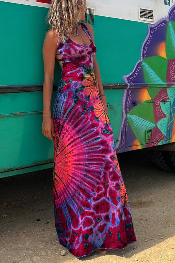 La Bamba Tie-dye Print Back Lace-up Stretch Maxi Dress