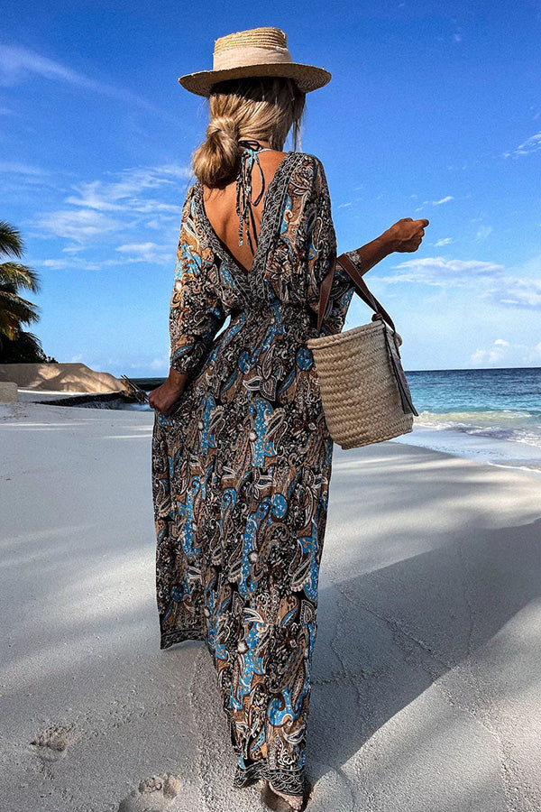 Ocean Sunset Paisley Print Boho Maxi Dress