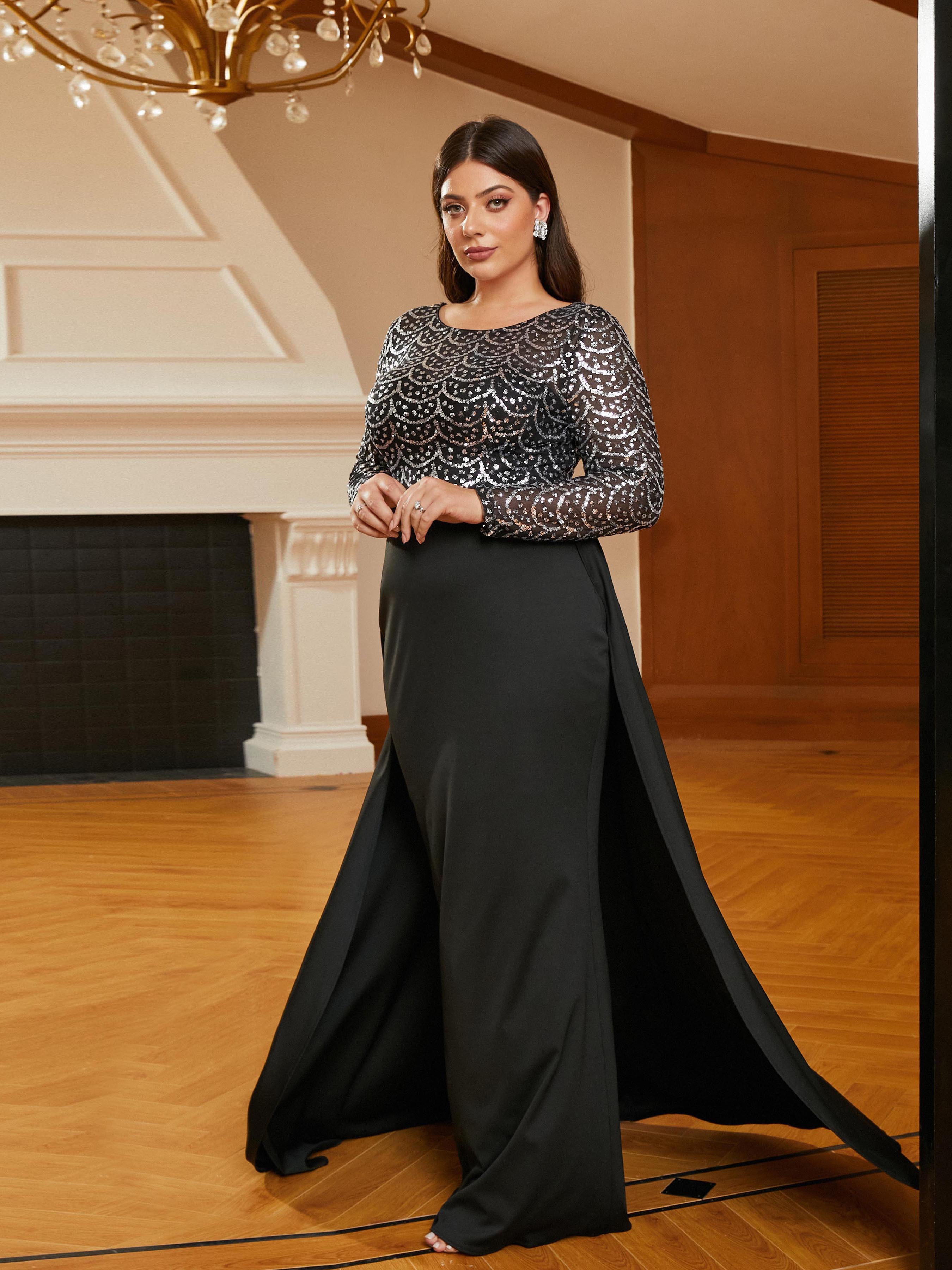 Plus Size Crew Collar Panel Sequin Black Evening Dress PRM20618