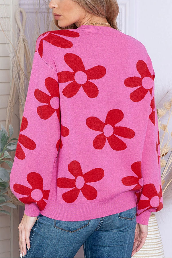 Floral Print Knitted Long Sleeve Pullover Sweater