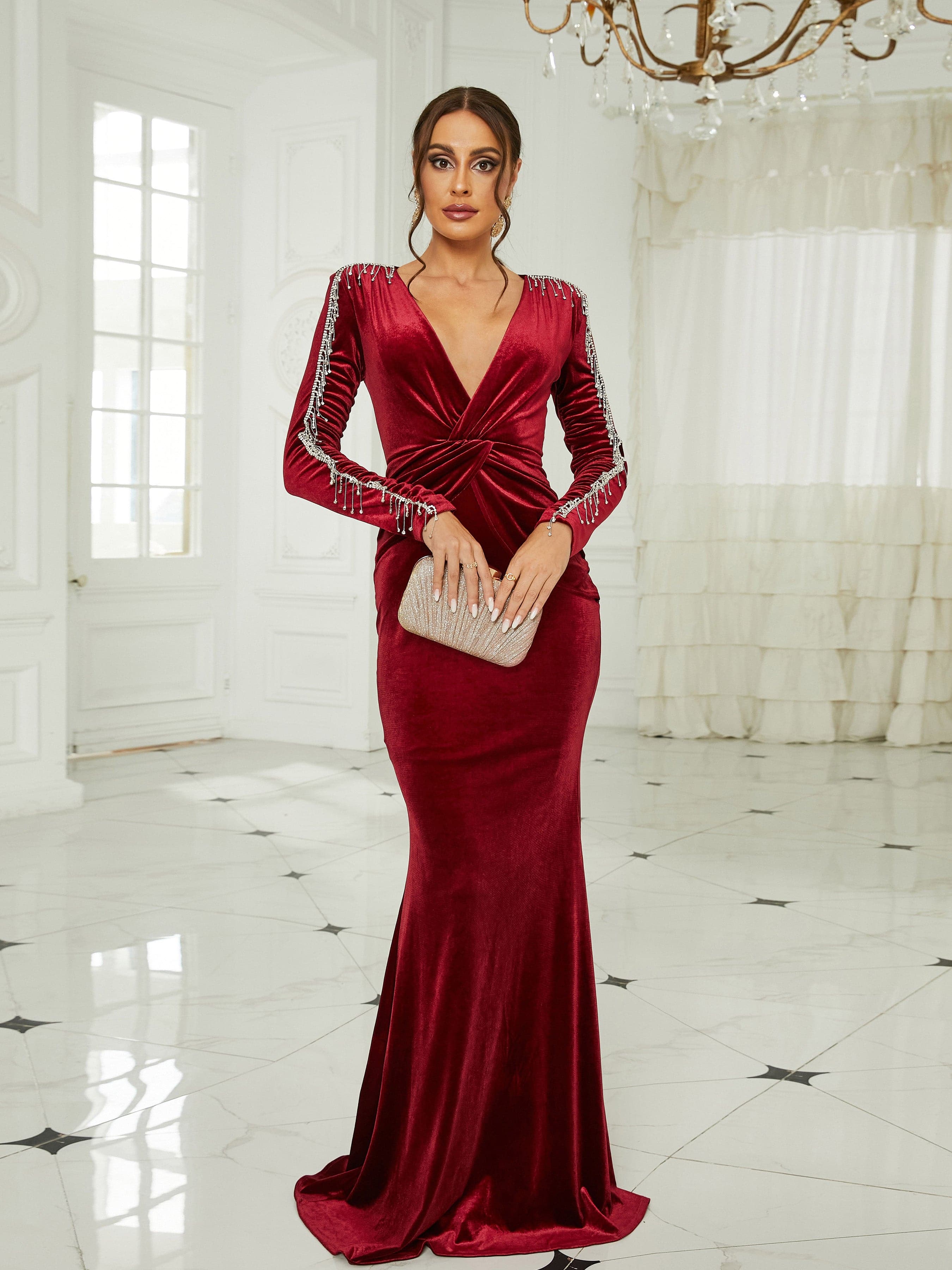 Deep V-neck Ruched Velvet Mermaid Dress XJ2653