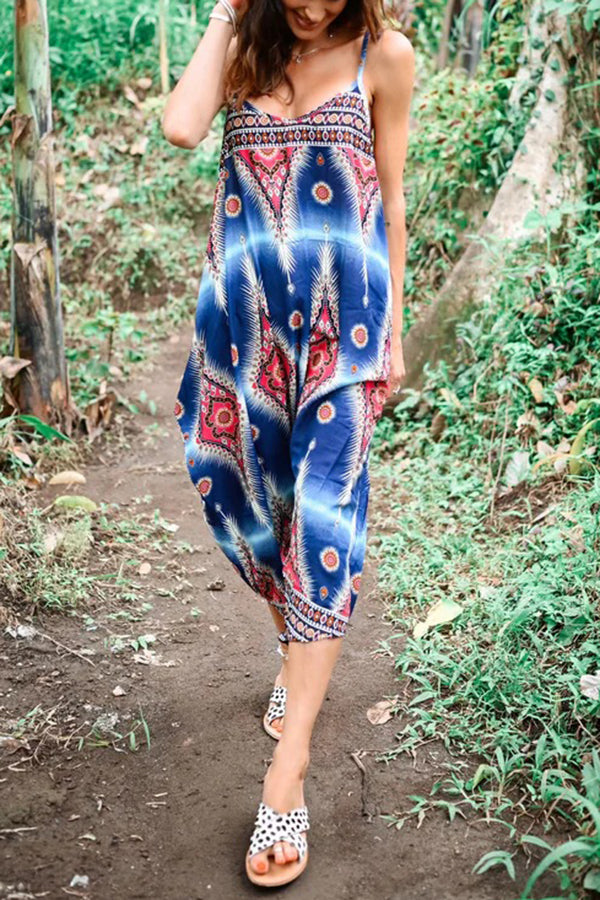 Free Spirit Boho Ethnic Print Loose Dungaree Jumpsuit