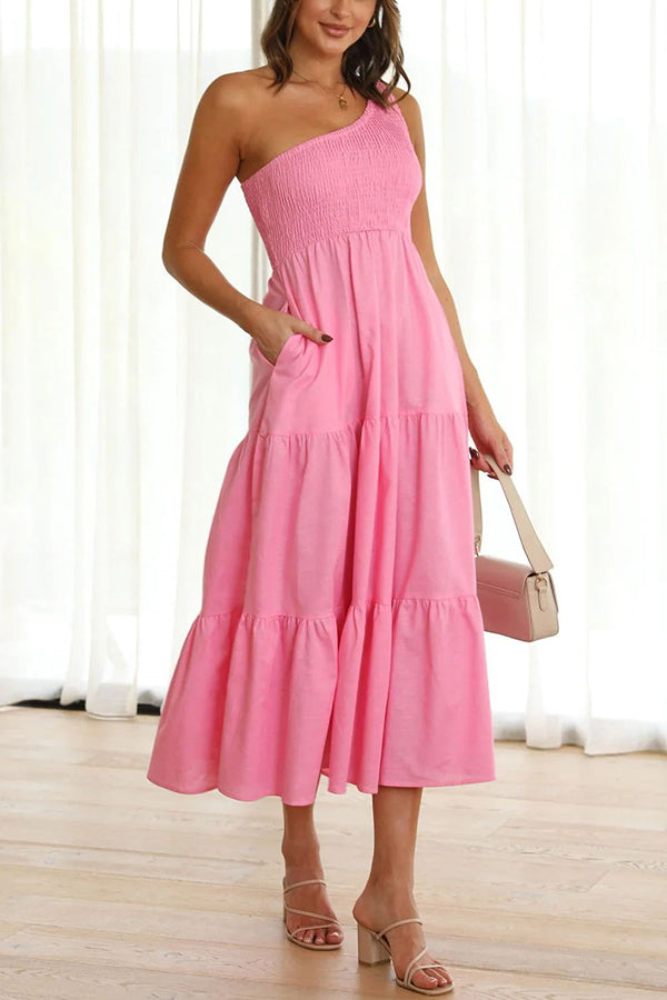 Simply Charmed Pocketed Smocked One Shoulder Tiered Midi Dress