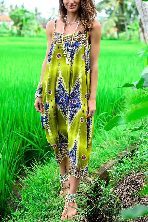 Free Spirit Boho Ethnic Print Loose Dungaree Jumpsuit