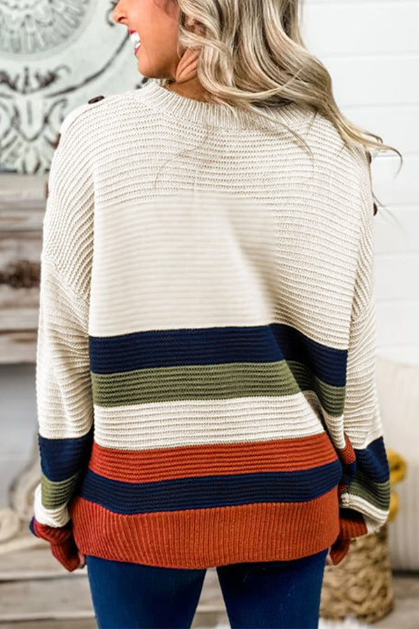 Colorblock Striped Button Drop Shoulder Pullover Sweater