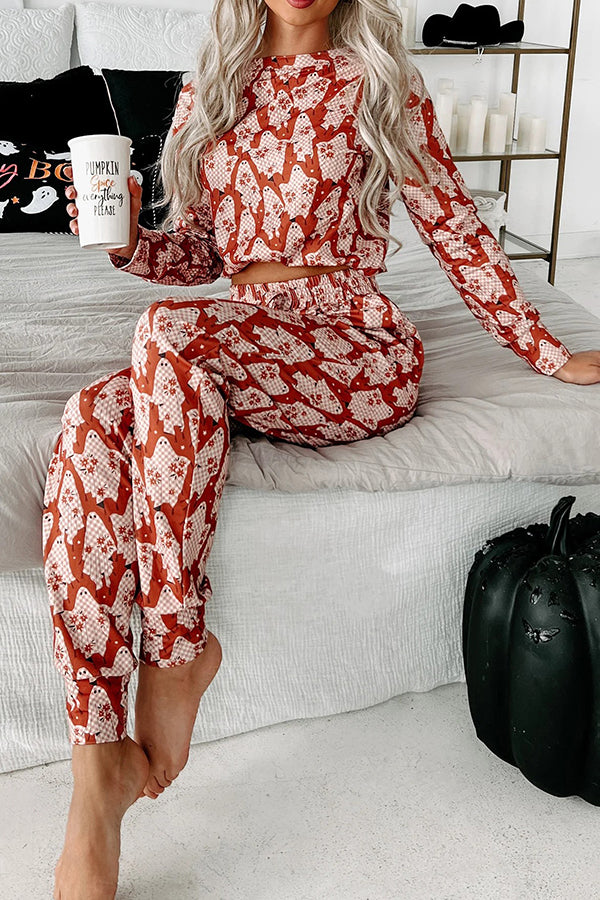 Printed Long Sleeved Crew Neck Top Abd Elastic Waist Pants Set