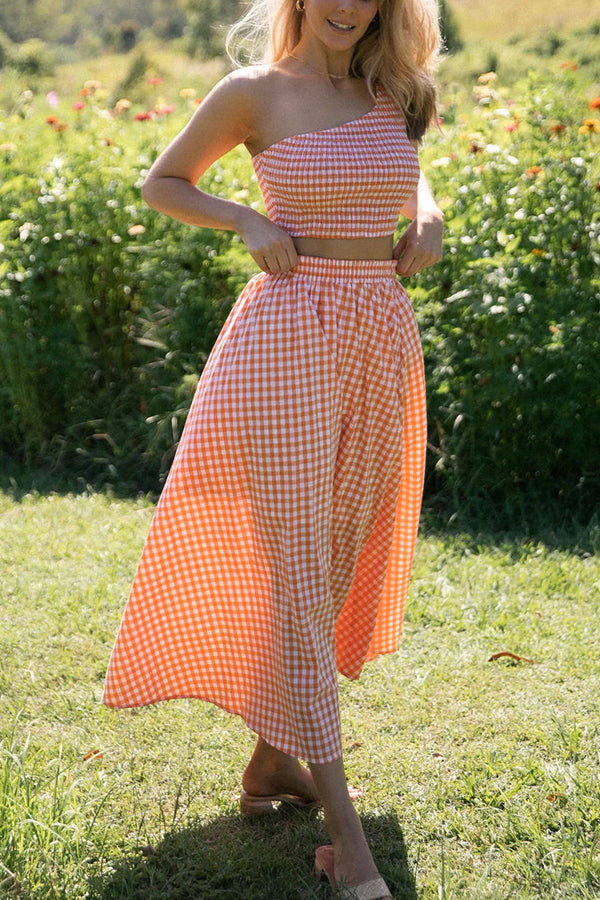 Slice of Sunshine Plaid Smocked Top and Pocketed Midi Dress