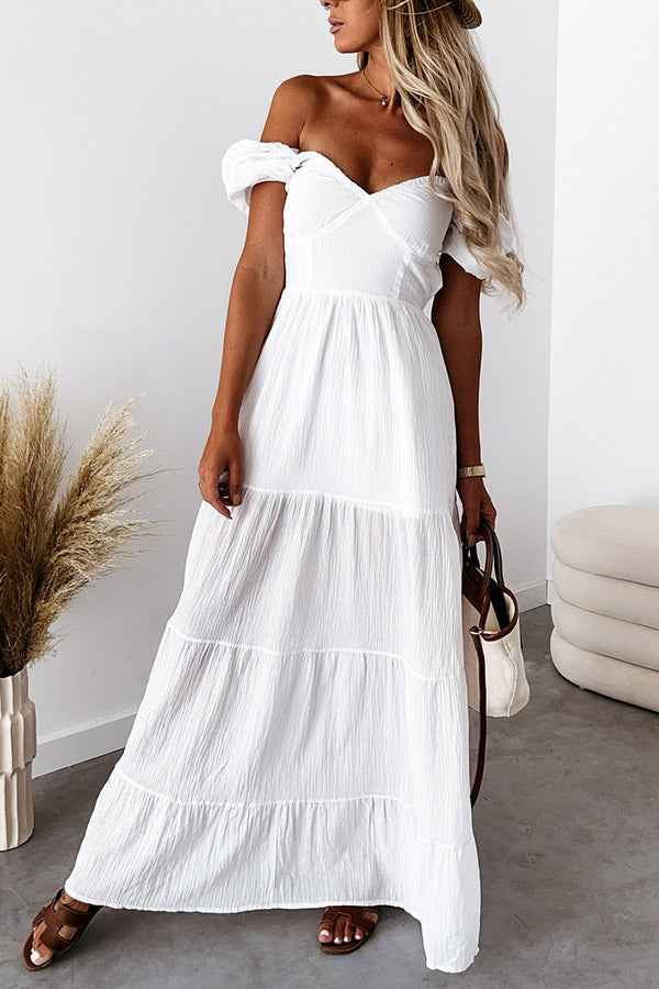 Short-sleeved off-the-shoulder solid-color backless strappy temperament commuter high-waist dress