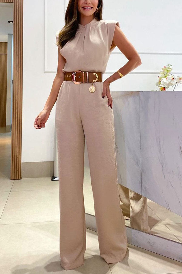 Feeling The Vibe Ruched Neckline Padded Shoulder Wide Leg Jumpsuit