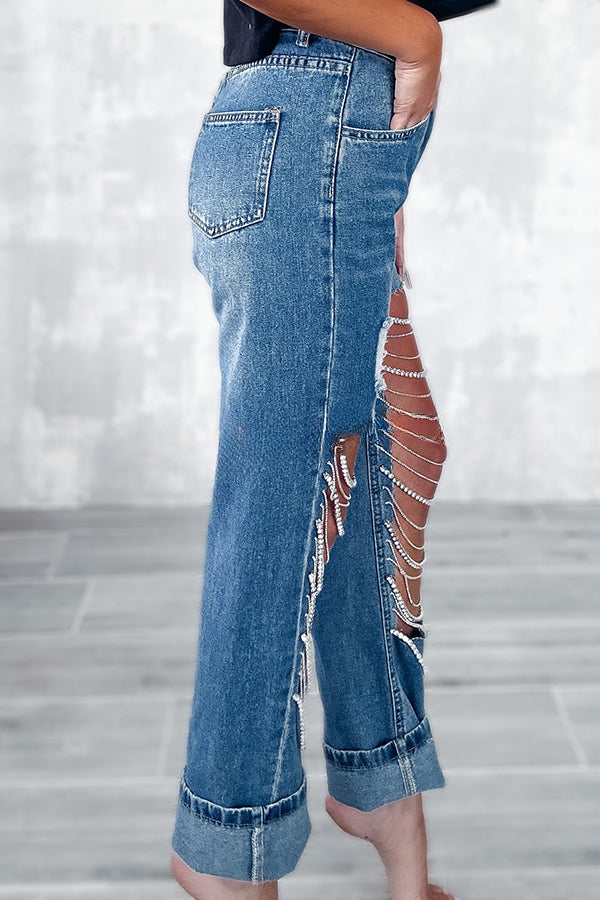 Dripping Diamonds Chain Cut Out Side Pocket Straight Leg Jeans