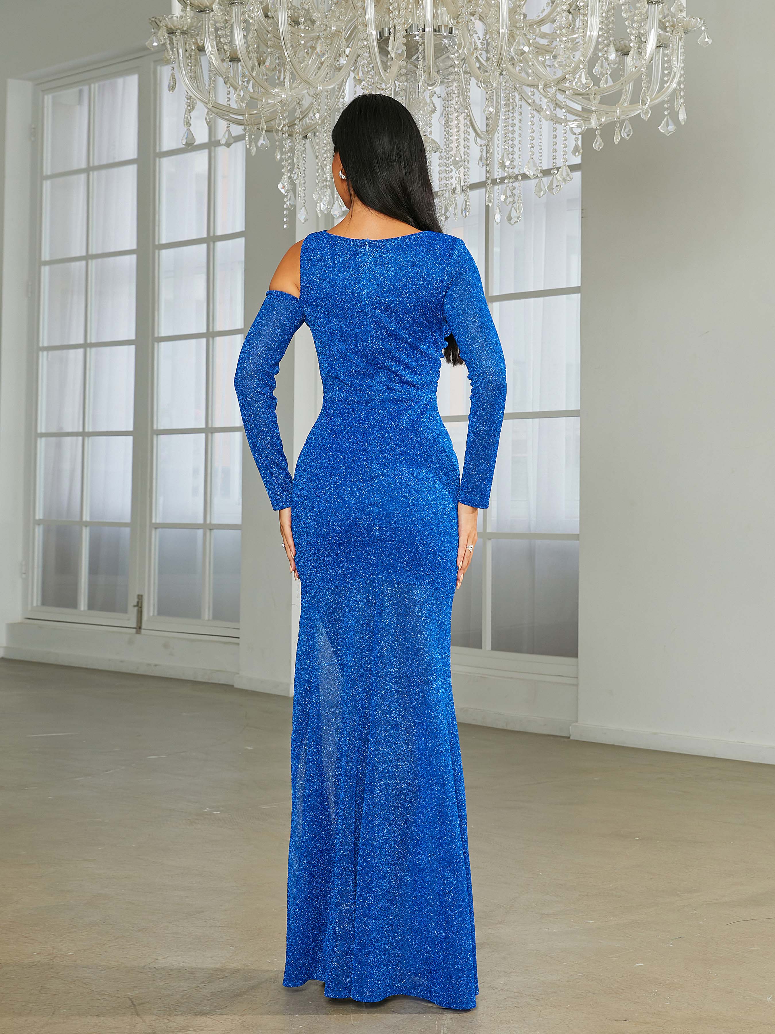 High Split Irregular Sleeve Blue Prom Dress RH30592