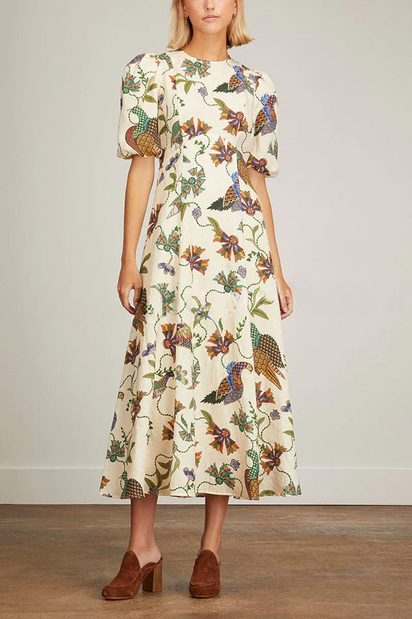 Level Up Floral Heaven Bird Print Puff Sleeve Midi Dress