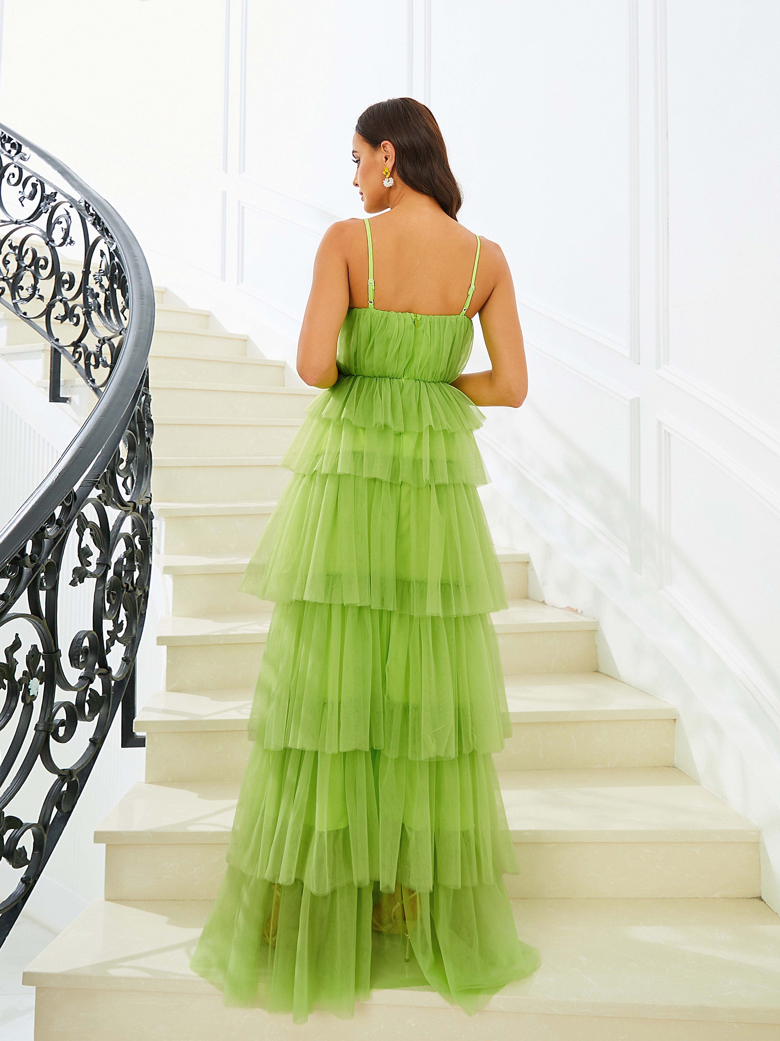 Spaghetti Ruffle Tulle Maxi Green Prom Dress M02332