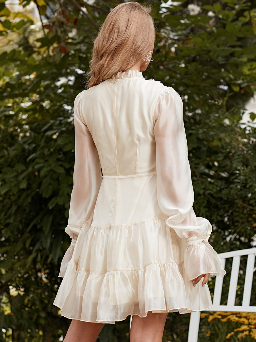 High Neck Ruffle Sleeve Mini White Dress XH1876