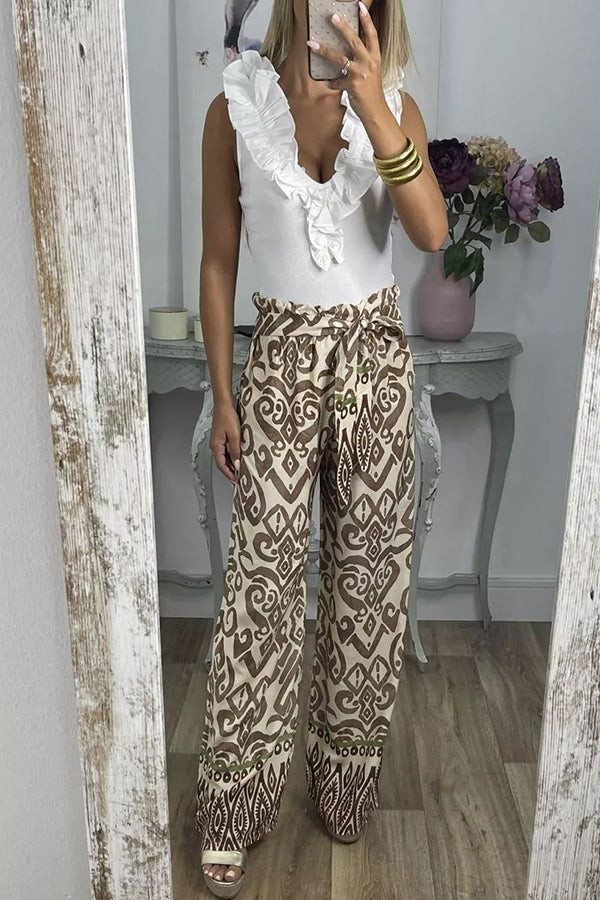 Cecilia Ethnic Print Tie Front Elastic Waist Wide Leg Pants