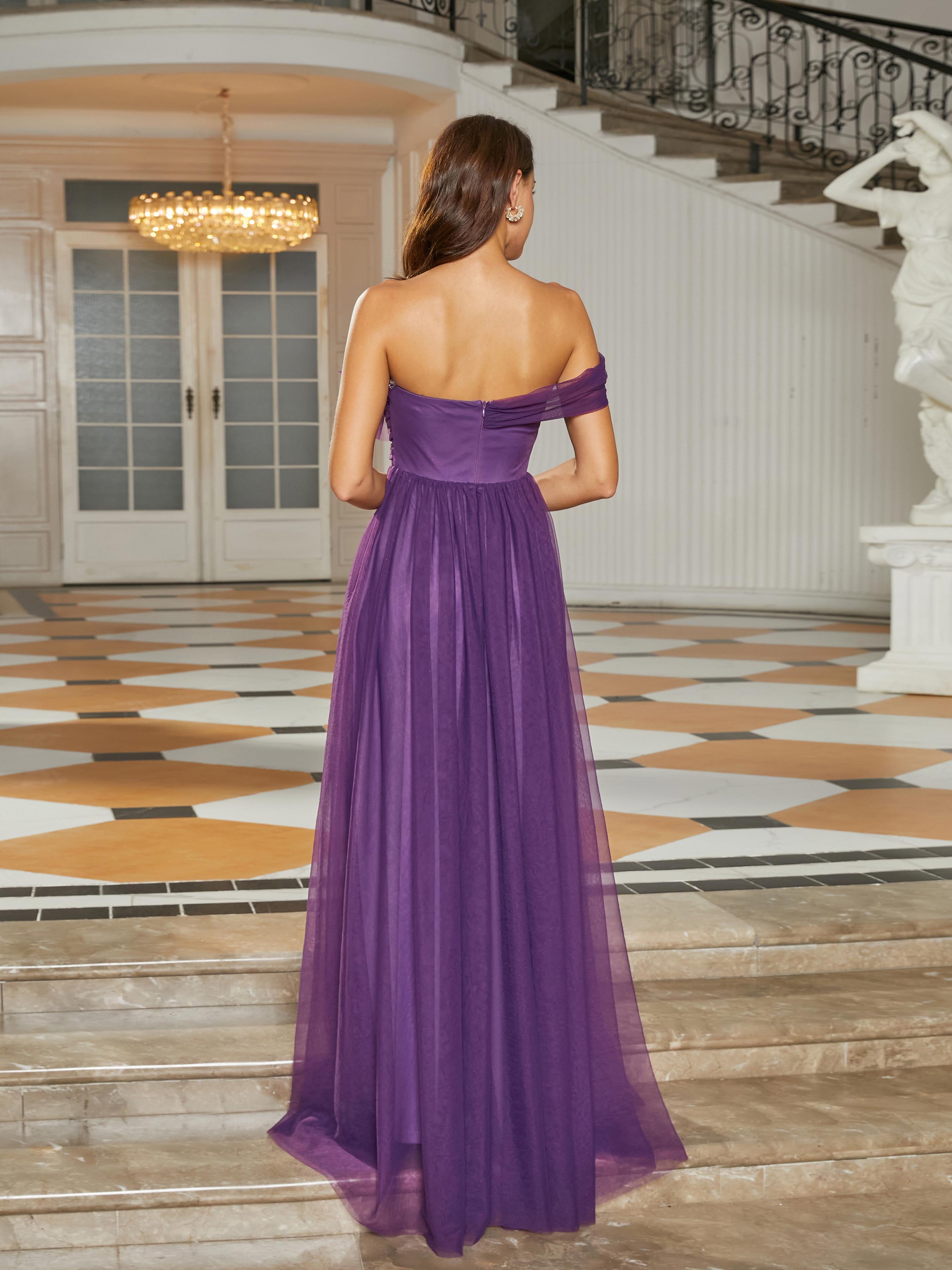 Off Shoulder Pleated A-Line Purple Tulle Bridesmaid Dress RJ10715