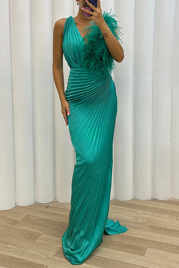 Forever Stunning Pleated Feather Trim Slit Evening Maxi Dress