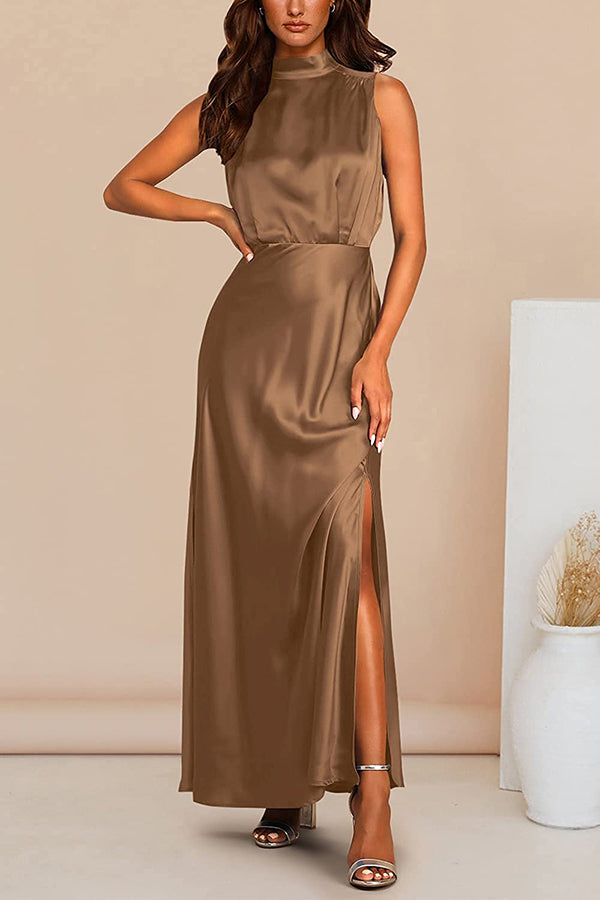 The Story of Us Satin High Neck Slit Maxi Dress