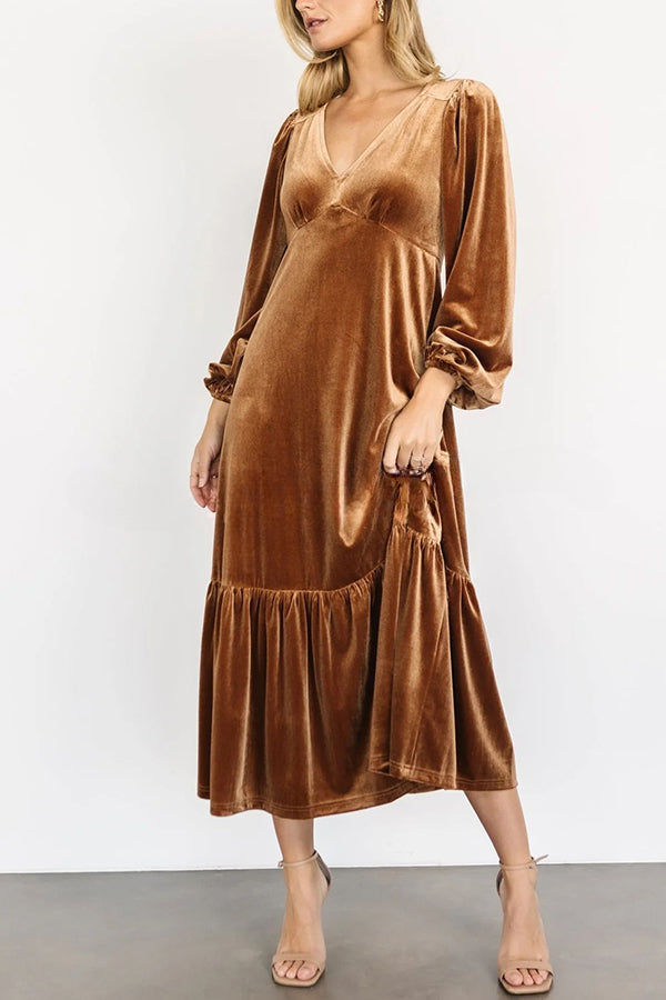 Erika Puff Sleeved Velvet Ruffled Midi Dress