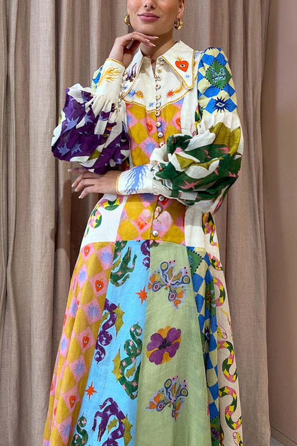 Bold and Chic Irregular Unique Print Balloon Sleeve Belt Shirt Midi Dress