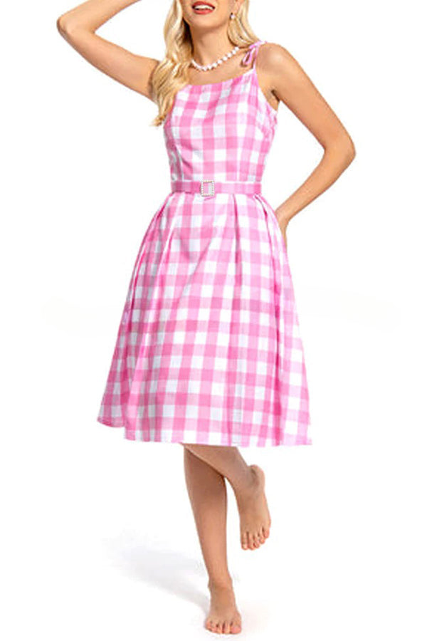 Barbie Pink Plaid Printed Cami Midi Dress