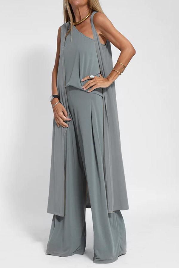 Modal One Shoulder Tank & Stretch Wide-leg Pants& Midi Vest Three Pieces Suit