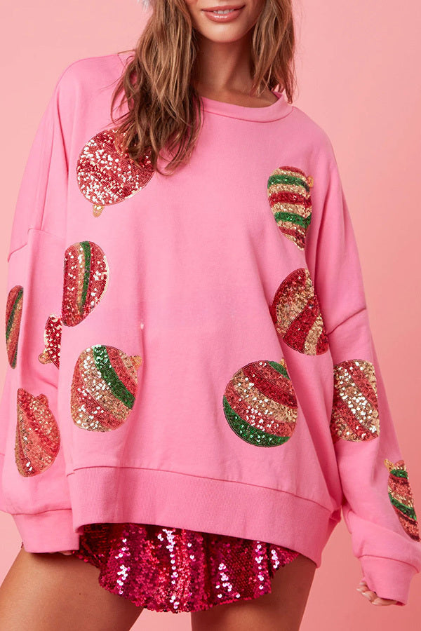 Round Neck Long Sleeve Sequin Patchwork Christmas Sweatshirt