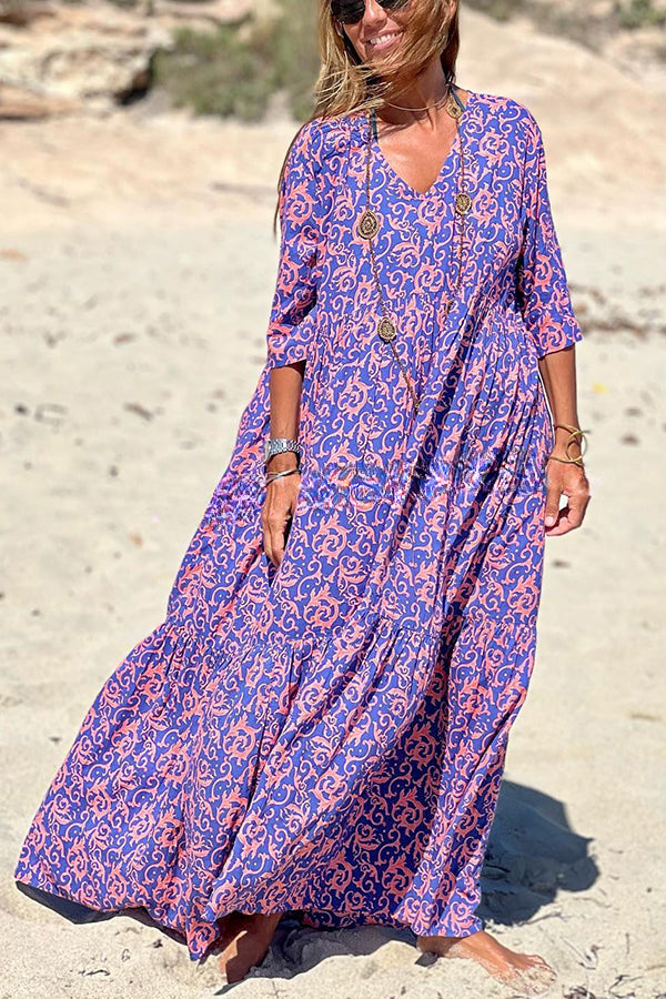 Fashion Pattern Printed Half Sleeve Loose Swing Maxi Dresse