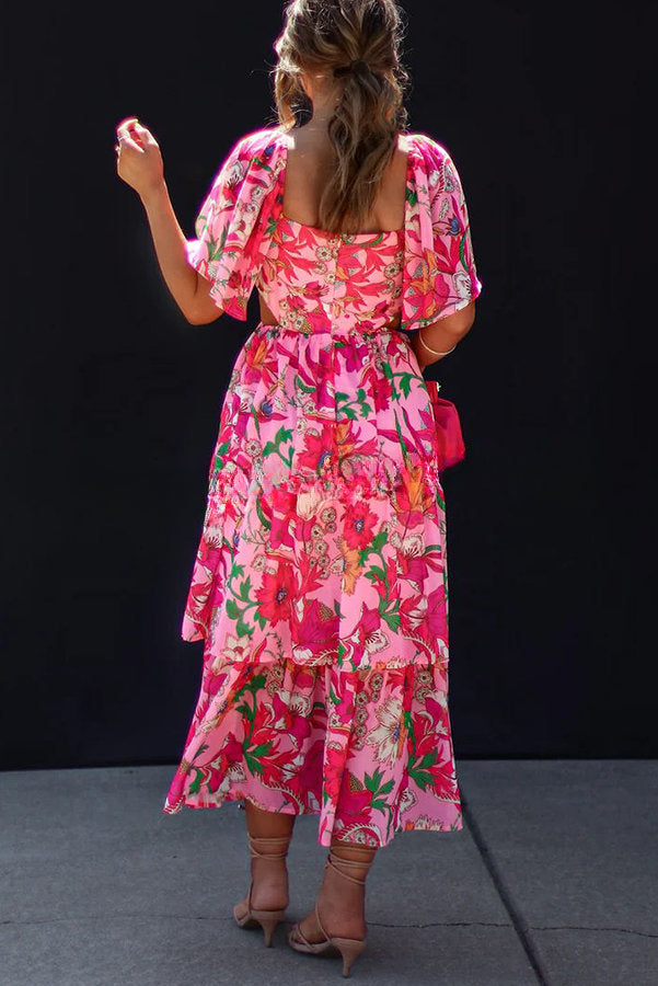 It's All Special Floral Cutout Waist Tiered Midi Dress