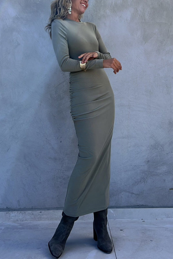 Got Me Smiling Cotton Blend Ruched Long Sleeve Stretch Midi Dress