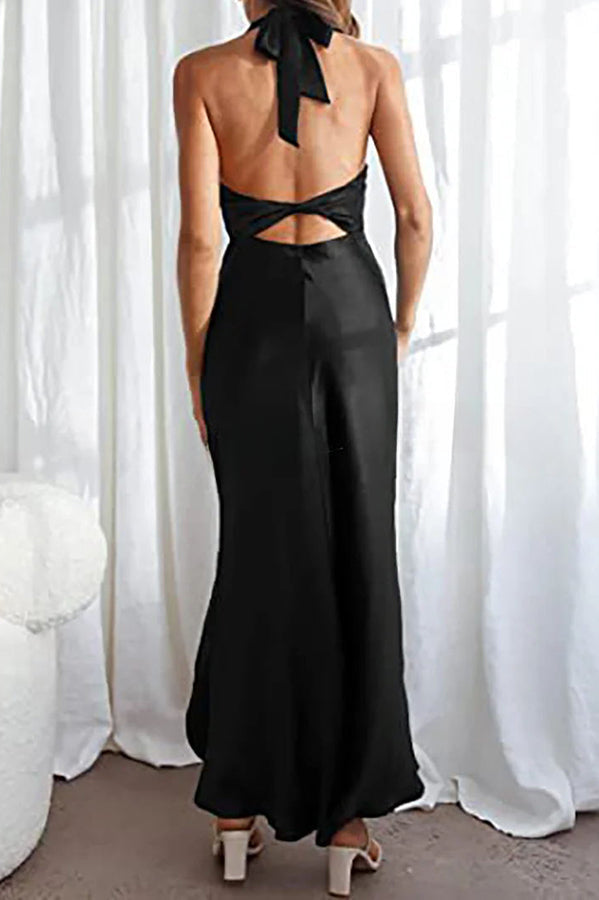 Light Minds Halter Neck Open Back Slit Zip Maxi Dress