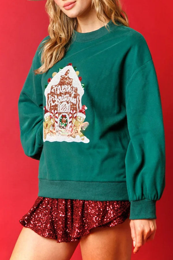 Gingerbread House Sequined Pullover Long Sleeved Sweatshirt