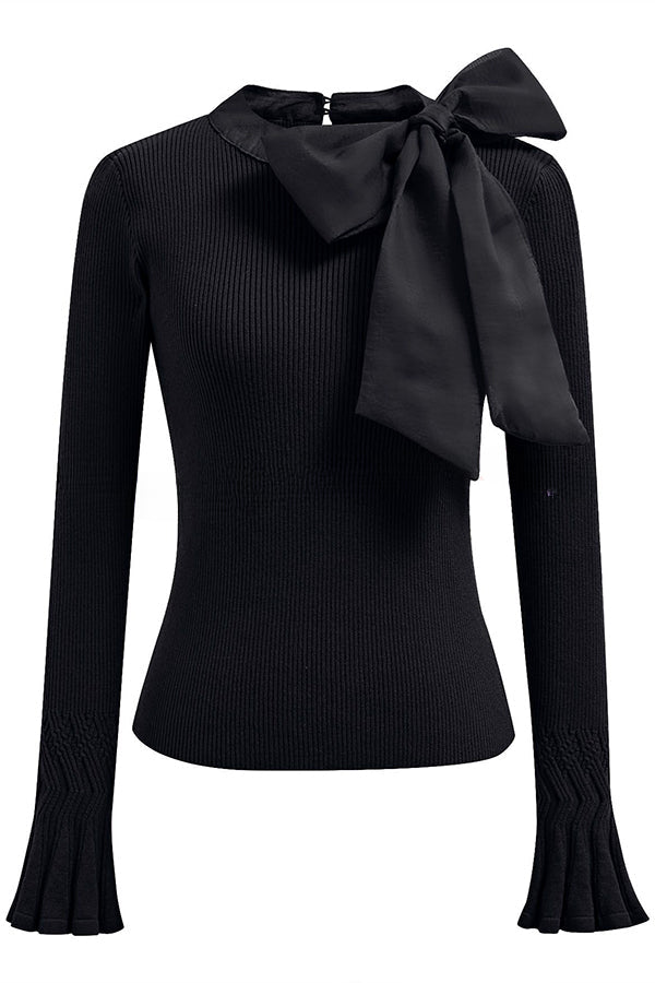 Fancy with Ribbed Knit Bowknot Neck Bell Sleeve Top