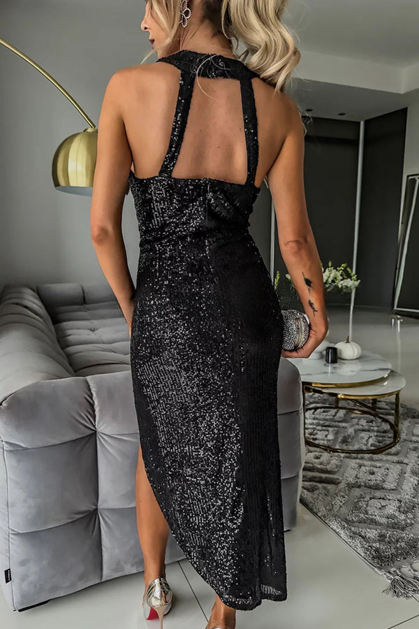 Born To Be A Star Sequin Mesh Cutout Waist Halter Asymmetrical Midi Dress