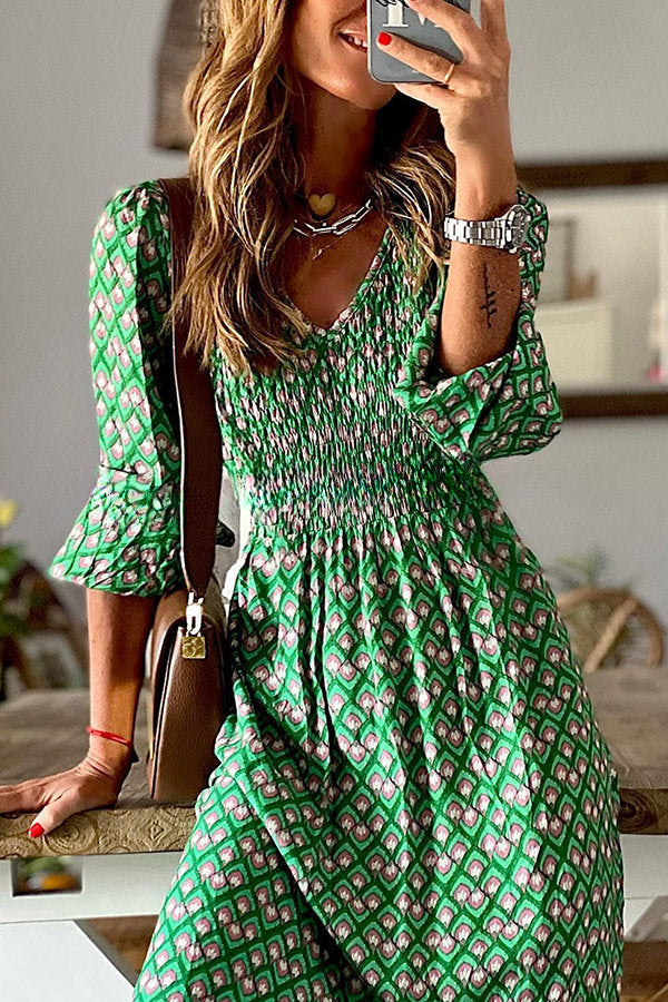 Kennan Ethnic Print Smocked Bust Long Sleeve Relaxed Midi Dress