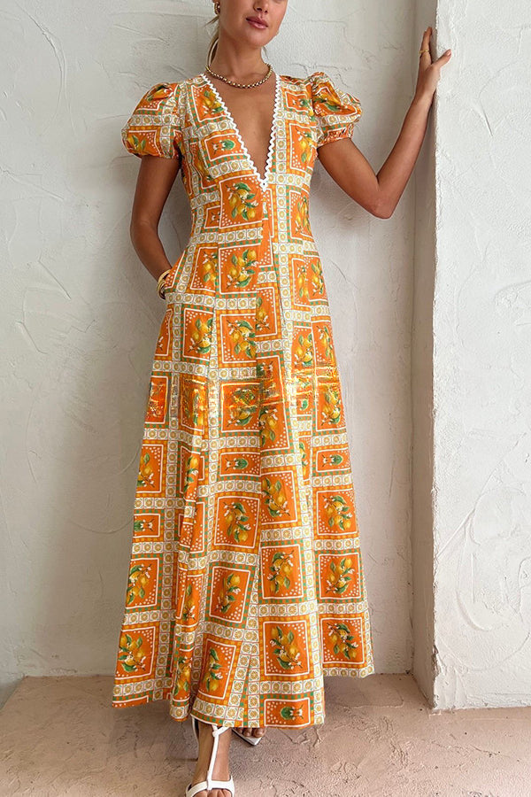 A Sweet Haze Linen Blend Orange Mosaic Puff Sleeve Pocketed Maxi Dress