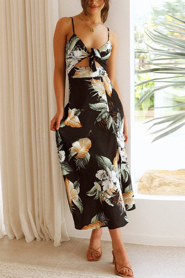 Free Spirited Style Floral Boho Front Tie Neck Slit Midi Dress