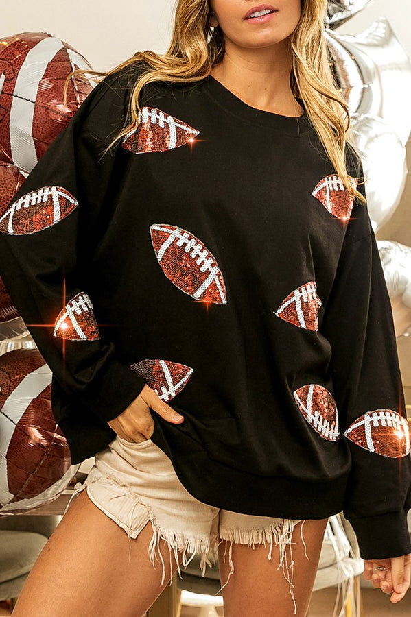 Sequin Rugby Design Round Neck Loose Sweatshirt