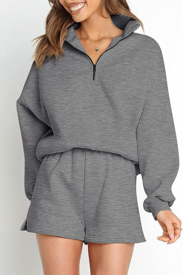 Super Comfortable Pullover Zipper Sweatshirt and Pocket Elastic Waist Shorts Set